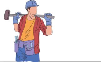 One single line drawing of young construction builder wearing uniform, tools belt and helmet while holding hammer. Craftsman home repair service concept. Continuous line draw design illustration png