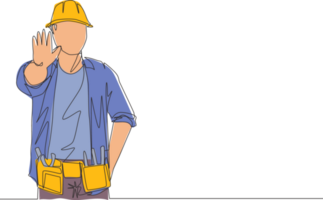 One continuous line drawing of young handyman lift his hands and giving stop gesture. Workman building maintenance service concept. Single line draw design illustration png