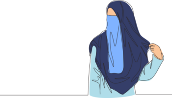 uno soltero línea dibujo de joven atractivo asiático muslimah vistiendo burka mientras participación su velo. tradicional belleza árabe mujer niqab paño concepto continuo línea dibujar diseño ilustración png