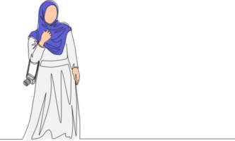 uno continuo linea disegno di giovane contento bellissimo muslimah su islamico stoffa hold telecamera. bellezza mezzo est donne modello nel di moda hijab moda concetto singolo linea disegnare design illustrazione png