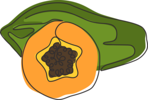 One continuous line drawing half sliced and whole healthy organic papayas for orchard logo. Fresh summer fruitage concept fruit garden icon. Modern single line draw design graphic illustration png