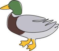 solteiro contínuo linha desenhando do fofa pato-real para Fazenda logotipo identidade. aves aquáticas Pato mascote conceito para animal gado ícone. moderno 1 linha desenhar Projeto gráfico ilustração png