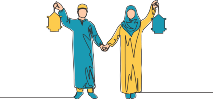eid Mubarak poster, bandeira e cumprimento cartão Projeto solteiro contínuo linha desenhando do jovem islâmico muçulmano muslimah casal segurando mãos e lanterna lâmpada. eid al fitr 1 linha desenhar ilustração png
