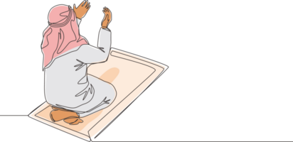 einer kontinuierlich Linie Zeichnung von Muslim Person erziehen und öffnen Hände beten auf Sajadah, von Rückseite Sicht. islamisch Ramadan kareem und eid Mubarak beten Konzept Single Linie zeichnen Design Illustration png