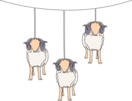 One continuous line drawing of sheeps hanging on rope like the lantern lamps. Muslim holiday the sacrifice an animal, Eid al Adha greeting card concept single line draw design illustration png