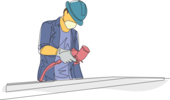 One single line drawing of young attractive handyman painting wooden board using paint sprayer. Home renovation service concept continuous line draw design illustration png