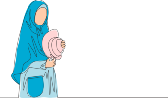 einer kontinuierlich Linie Zeichnung von jung glücklich muslimah auf islamisch Stoff halten süß Hut. attraktiv Mitte Osten Frauen Modell- im modisch Hijab Mode Konzept Single Linie zeichnen Design Illustration png