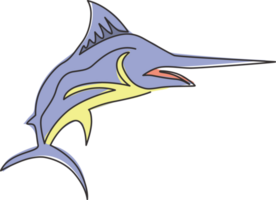 einer Single Linie Zeichnung von Riese Marlin zum frisch Fleisch Unternehmen Logo Identität. Springen Schwertfisch Maskottchen Konzept zum Meeresfrüchte können Symbol. kontinuierlich Linie Grafik zeichnen Design Illustration png