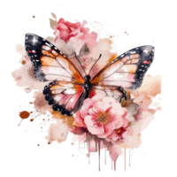 Watercolor butterfly and bouquets spring flowers . png