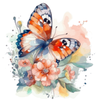 aquarelle papillon et bouquets printemps fleurs . ai généré png