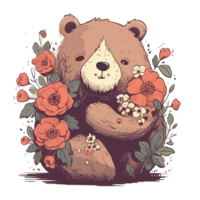 söt teddy Björn kramar en bukett av blommor . ai genererad png