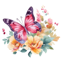 Aquarell Schmetterling und Blumensträuße Frühling Blumen . ai generiert png