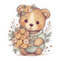 cute teddy bear hugs a bouquet of flowers . png