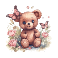 cute teddy bear hugs a bouquet of flowers . AI Generated png