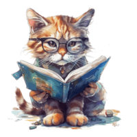 aguarela fofa gato vestindo óculos lendo uma livro . ai gerado png