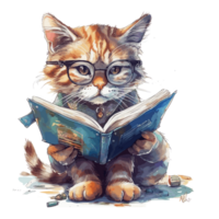 watercolor cute cat wearing glasses reading a book . png