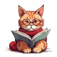 vattenfärg söt katt bär glasögon läsning en bok . ai genererad png