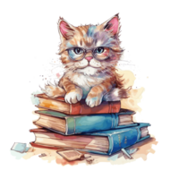 aquarelle mignonne chat portant des lunettes en train de lire une livre . ai généré png