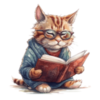 watercolor cute cat wearing glasses reading a book . png