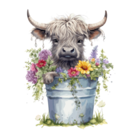 linda contento color bebé tierras altas vaca con flores en el cabeza sentado en el verde de madera Cubeta . ai generado png