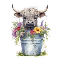 cute happy color baby highland cow with flowers on the head sitting in the green wooden bucket . png