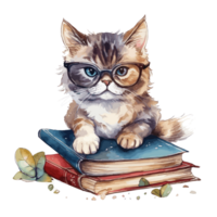 watercolor cute cat wearing glasses reading a book . png