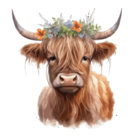 cute highland cow, wearing flower crown watercolor . png