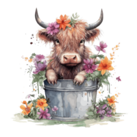 süß glücklich Farbe Baby Hochland Kuh mit Blumen auf das Kopf Sitzung im das Grün hölzern Eimer . ai generiert png