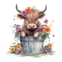 cute happy color baby highland cow with flowers on the head sitting in the green wooden bucket . png