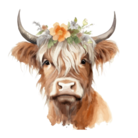 schattig hoogland koe, vervelend bloem kroon waterverf . ai gegenereerd png
