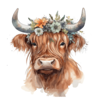 cute highland cow, wearing flower crown watercolor . AI Generated png