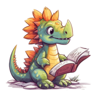 söt bebis dinosaurie läsa bok . ai genererad png