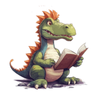 söt bebis dinosaurie läsa bok . ai genererad png