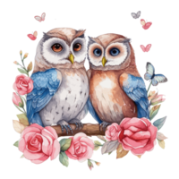 azul y rosado acuarela linda búho Pareja para San Valentín día . ai generado png