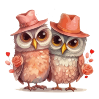 muted color watercolor cute owl couple for Valentine's Day . png