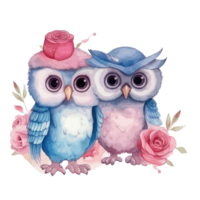 azul y rosado acuarela linda búho Pareja para San Valentín día . ai generado png