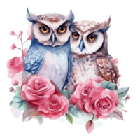 blue and pink watercolor cute owl couple for Valentine's Day . png