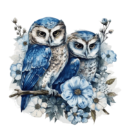 Owl Blue Flower watercolor . png