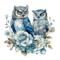 hibou bleu fleur aquarelle . ai généré png