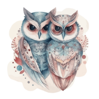 muted color watercolor cute owl couple for Valentine's Day . png