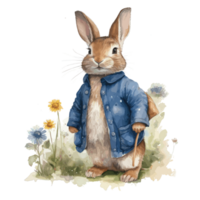 Watercolor cute rabbit in a blue jacket for card design and print . png