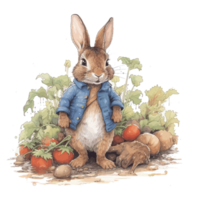 Watercolor cute rabbit in a blue jacket for card design and print . png