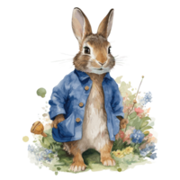 Watercolor cute rabbit in a blue jacket for card design and print . png