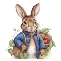 Watercolor cute rabbit in a blue jacket for card design and print . png
