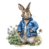 Watercolor cute rabbit in a blue jacket for card design and print . png