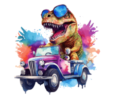 t-rex rijden Aan vrachtauto , tekenfilm dinosaurus tekens het rijden . ai gegenereerd png