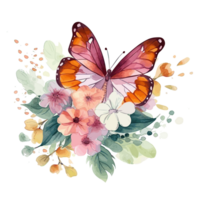 Watercolor butterfly and bouquets spring flowers . png