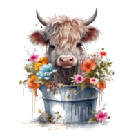 fofa feliz cor bebê terras altas vaca com flores em a cabeça sentado dentro a verde de madeira balde . ai gerado png