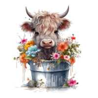 mignonne content Couleur bébé montagnes vache avec fleurs sur le tête séance dans le vert en bois seau . ai généré png