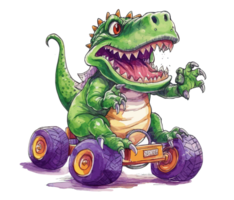 tirano saurio Rex montando en camión , dibujos animados dinosaurio caracteres conducción . ai generado png